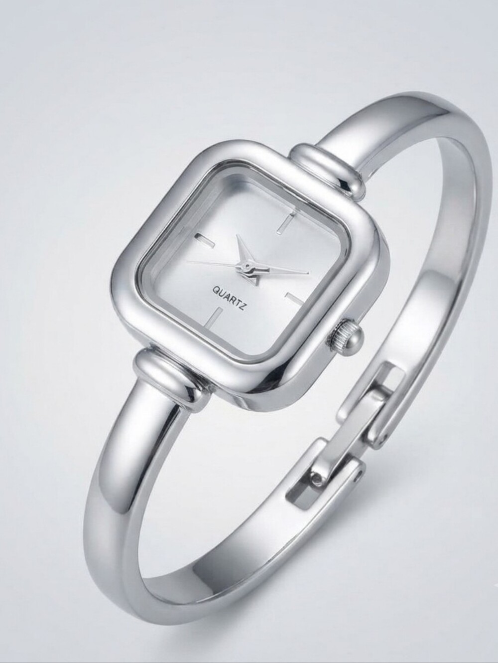 Minimalist Silver Tone Quartz Bangle Watch | Sleek Square Dial Cuff Watch